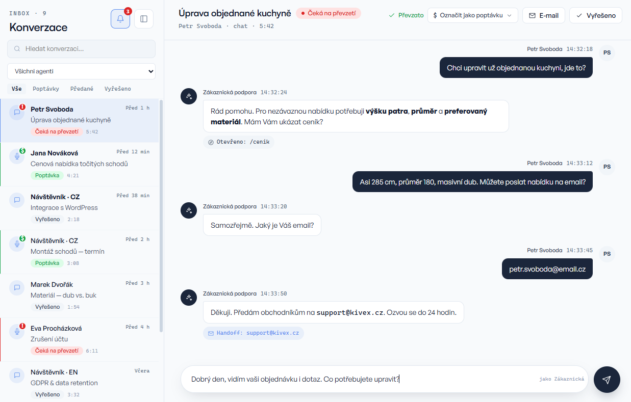 Konverzace čekající na převzetí v KIVEX Hubu, souhrn a přepis chatu
