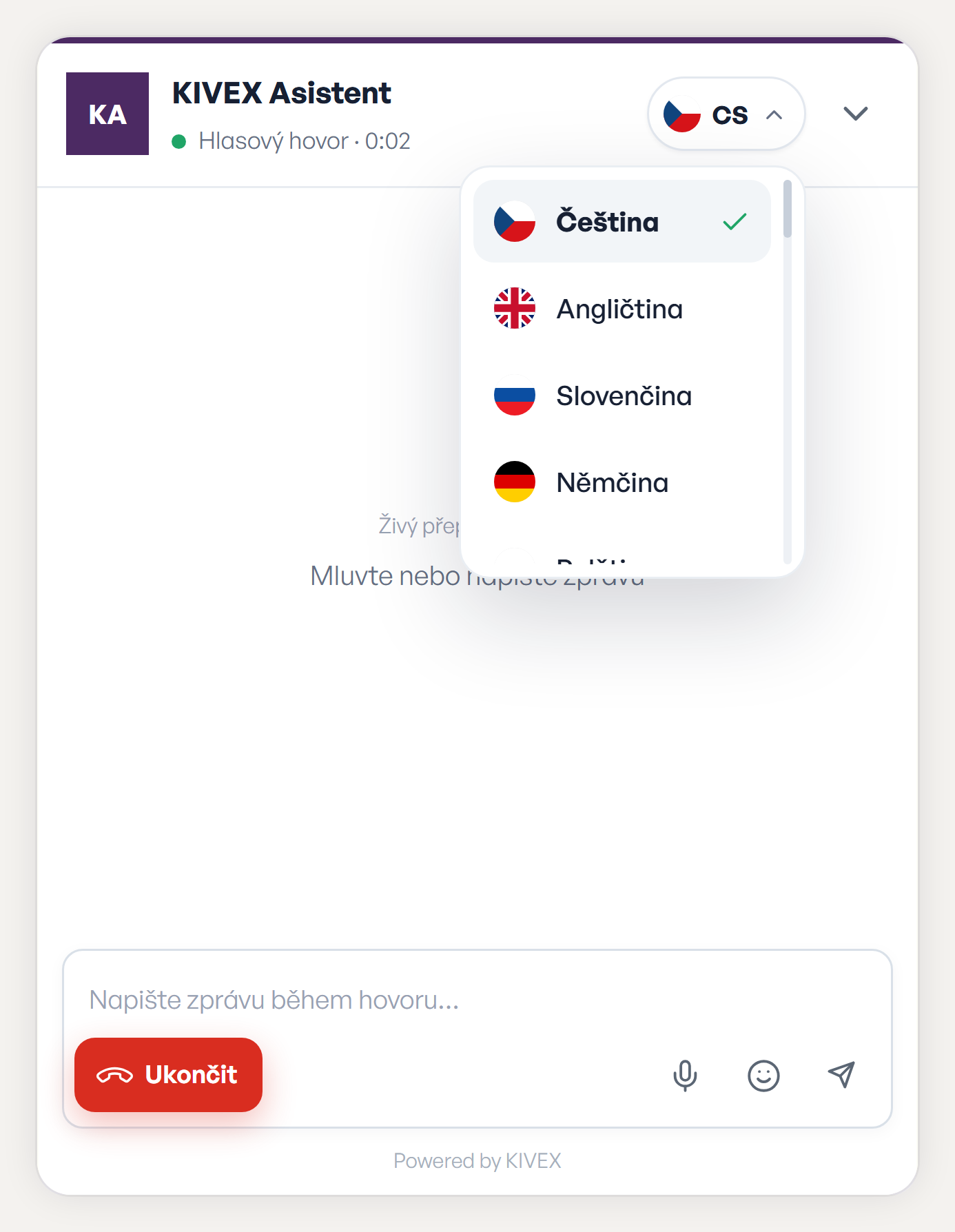 Widget KIVEX s rozbaleným výběrem jazyka — čeština, angličtina, polština, němčina